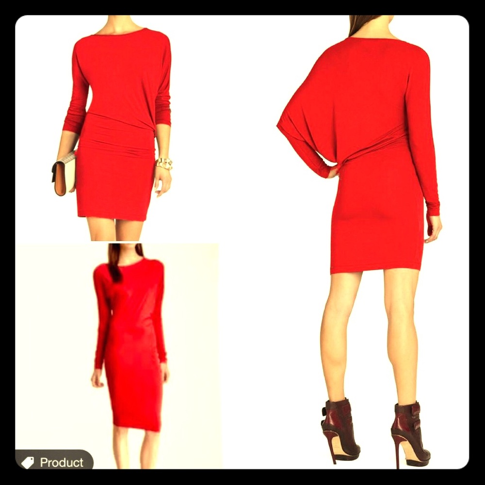 Red Laheld Long-Sleeve Side-Draped Tunic Dress NWT